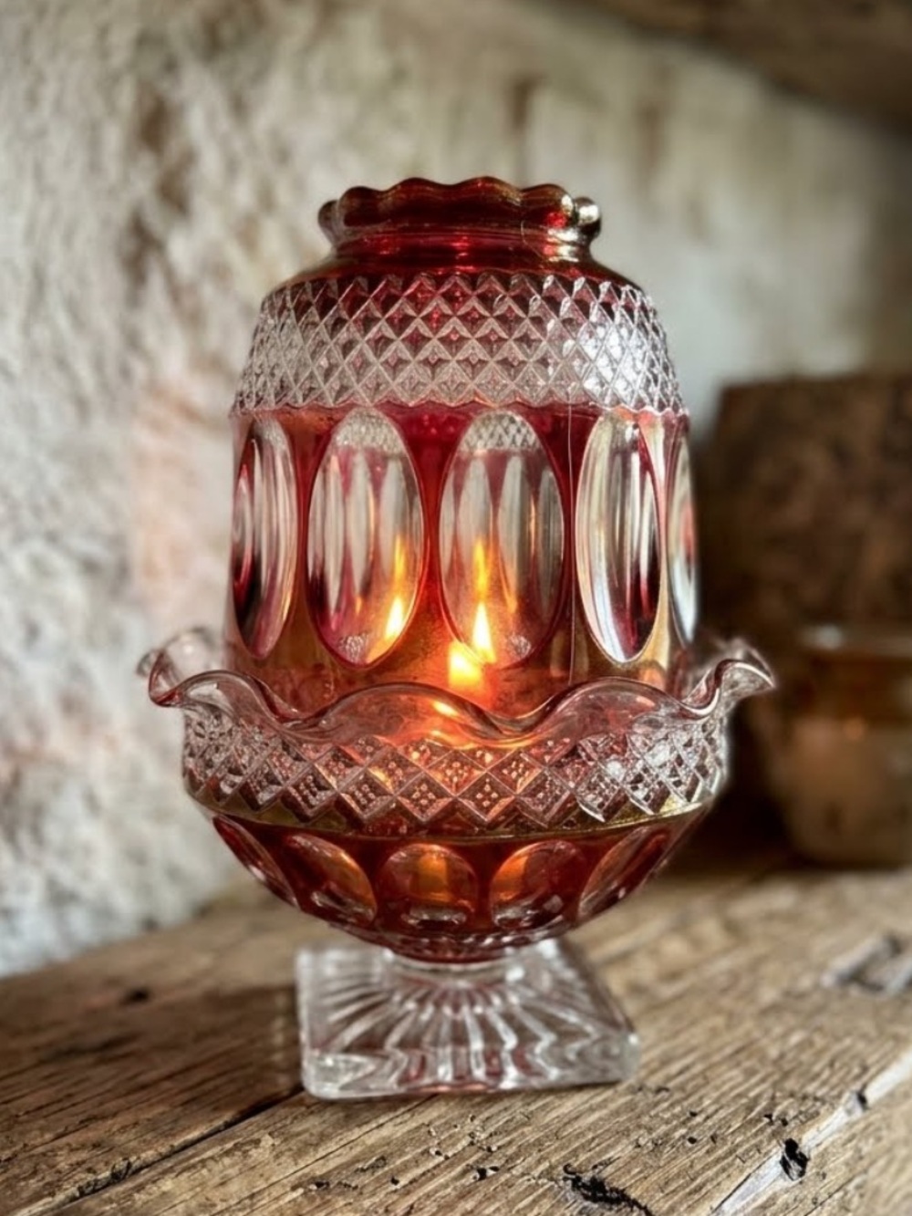 Vintage 1950s Westmoreland Wakefield Glass Ruby Red Fairy Lamp
Rare! Gorgeous!